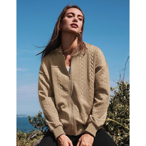 Women Khaki Lightweight Bomber Jacket Stand Collar Zip Up Fall Casual Coat - Picture 3 of 6